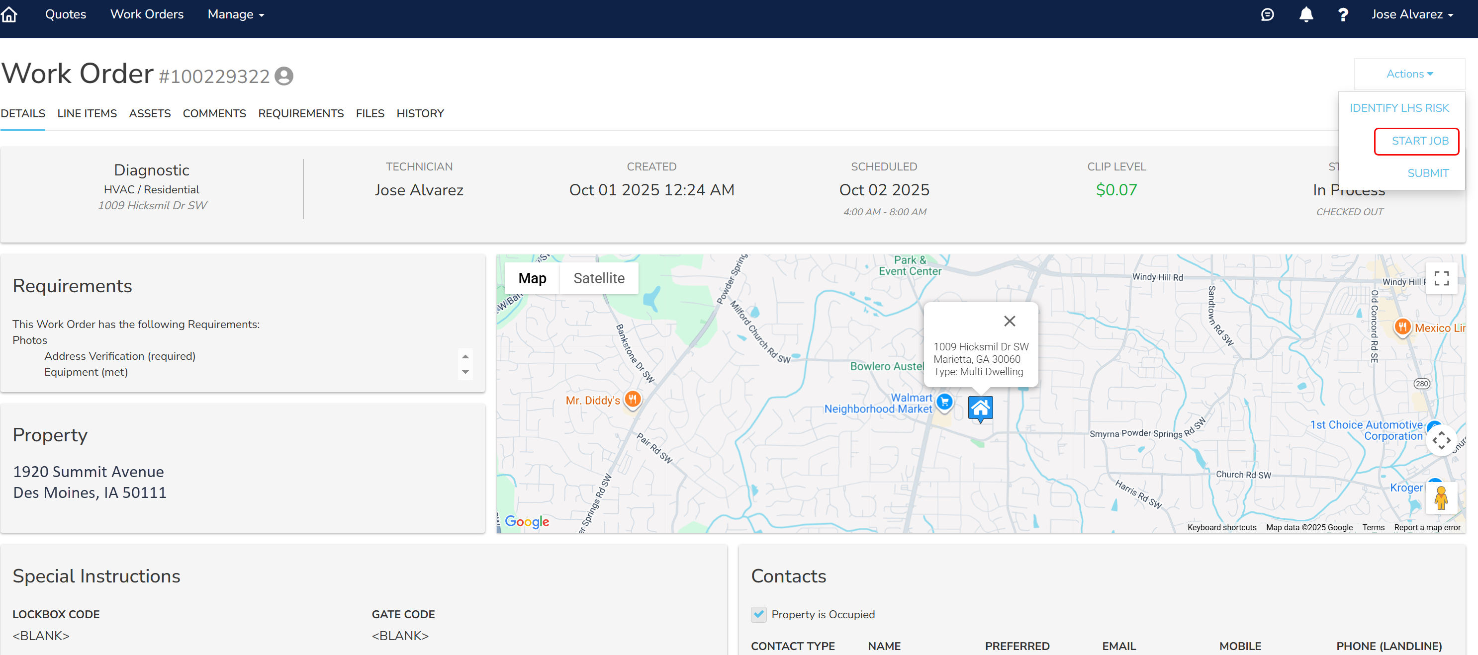 Choose Start Job to indicate that the contractor was at the job site.