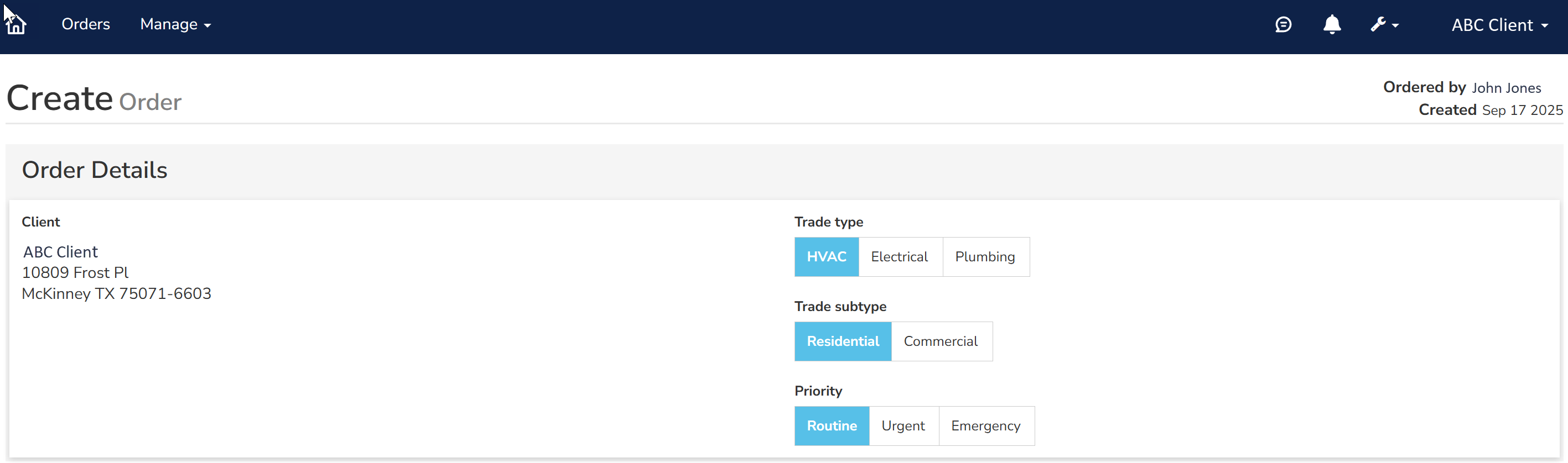 Your client name appears and Ordered By is your login name.