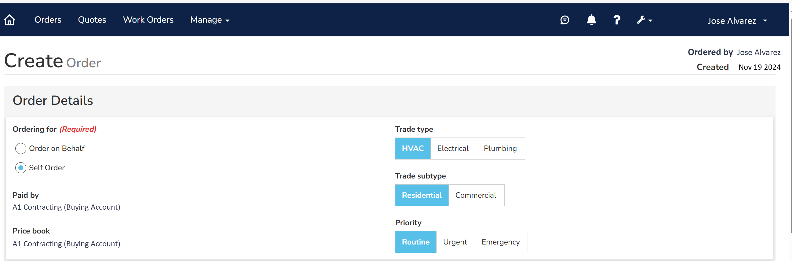 The contractor is placing a self order and will pay the invoice.