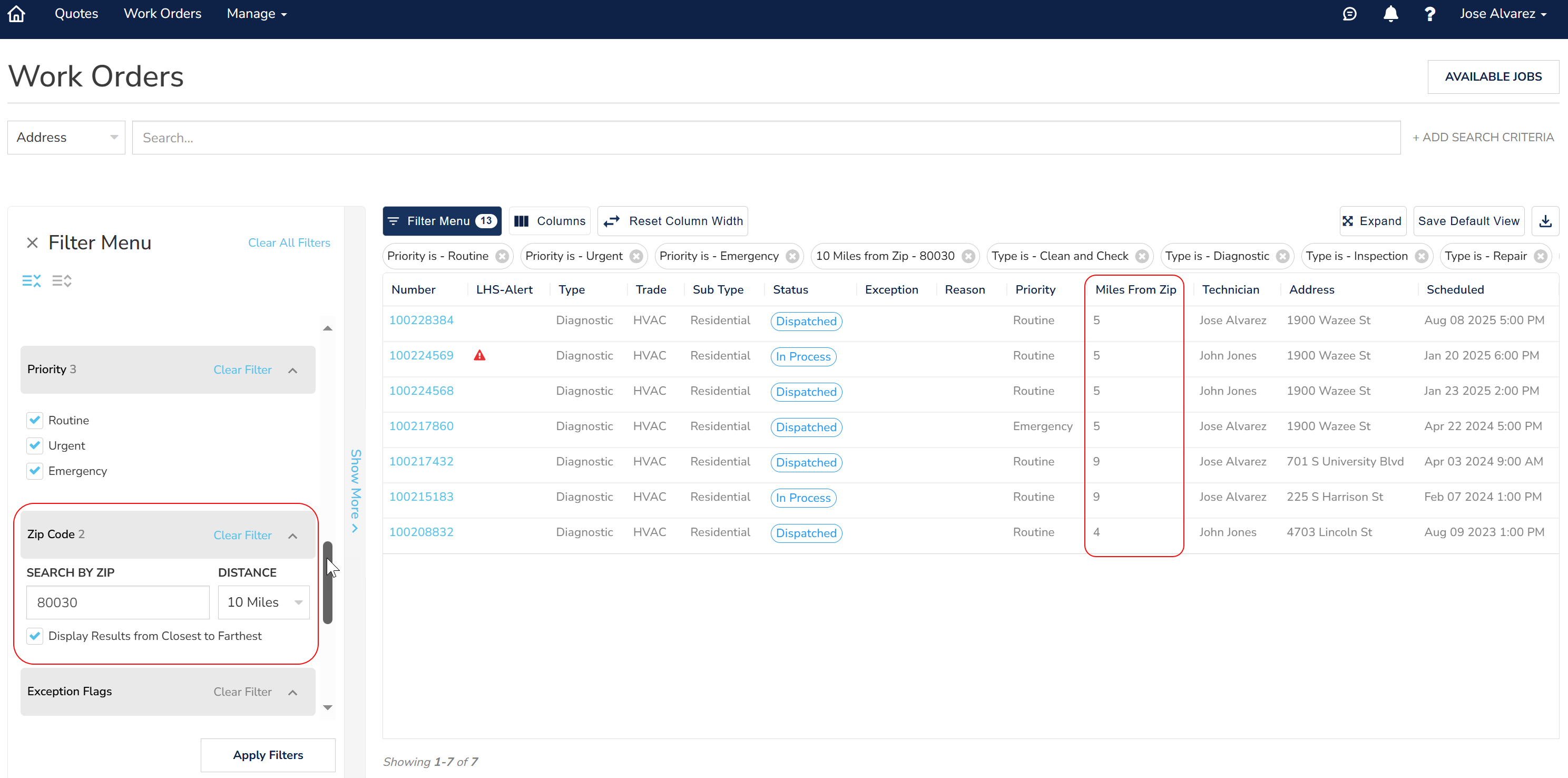 Enter the zip code and choose the radius to see work orders.